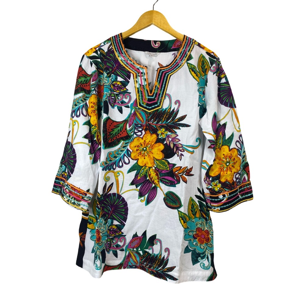 John Mark Womens XL Linen Tropical Floral Embroidered Tunic Top Cruise Vacay